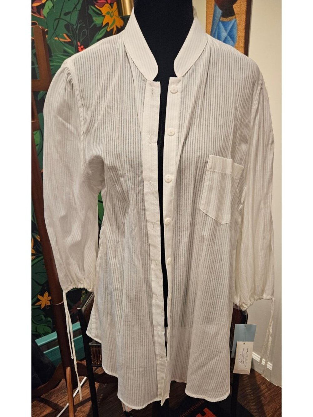 NEW Soda Blu Women's White Striped Cotton Button Shirt Drawstring Sleeves Size L